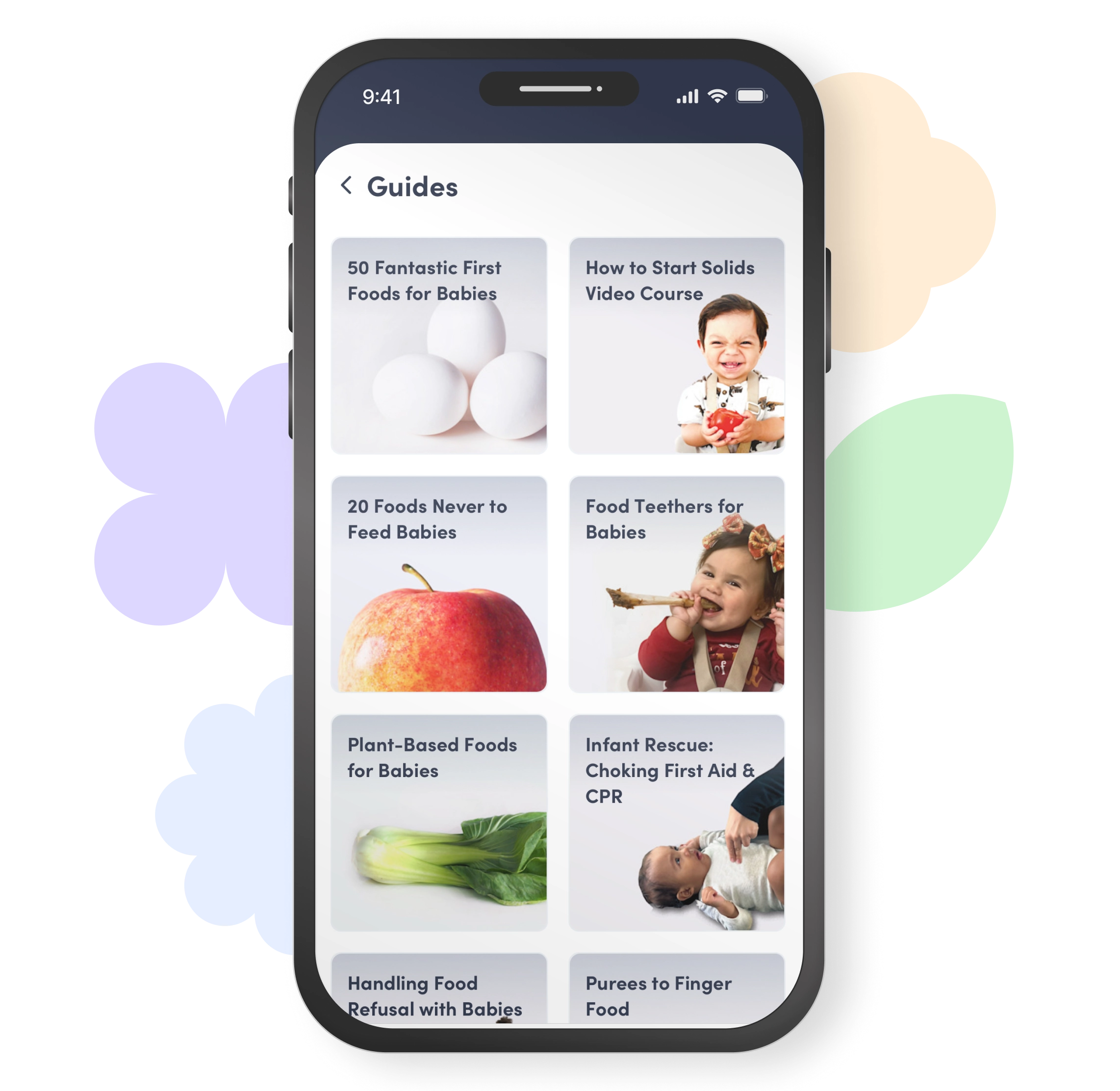App screen showing a collection of baby feeding and infant care guides